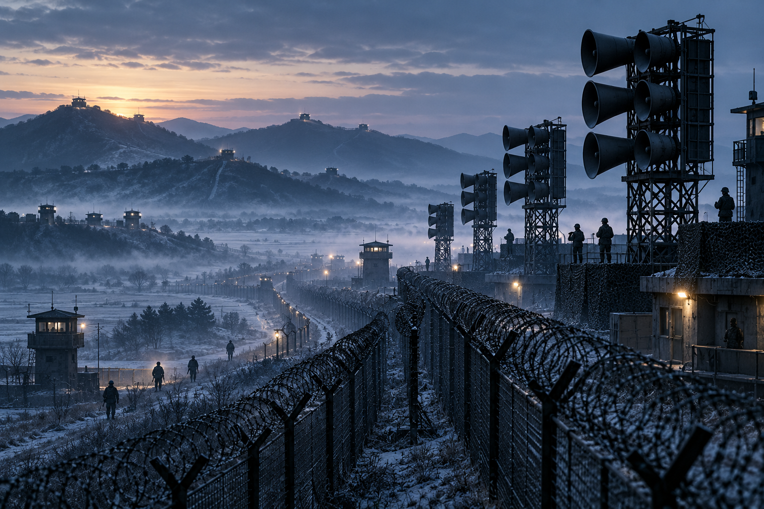 Conceptual editorial illustration of loudspeaker towers and fortified fencing along the Korean Demilitarized Zone at dawn