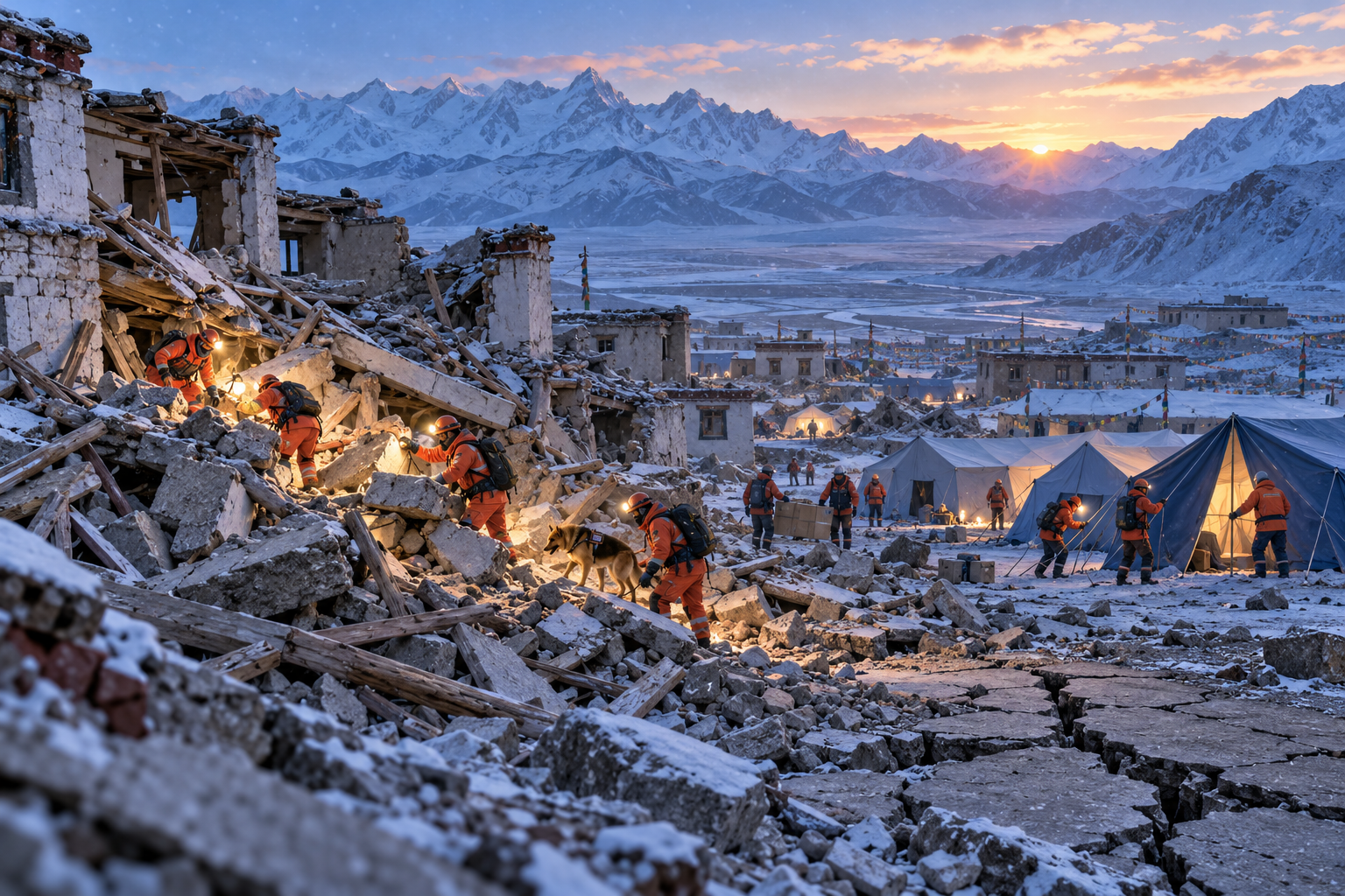 Conceptual editorial illustration of rescue teams searching collapsed homes and raising emergency tents on the snowy Tibetan Plateau