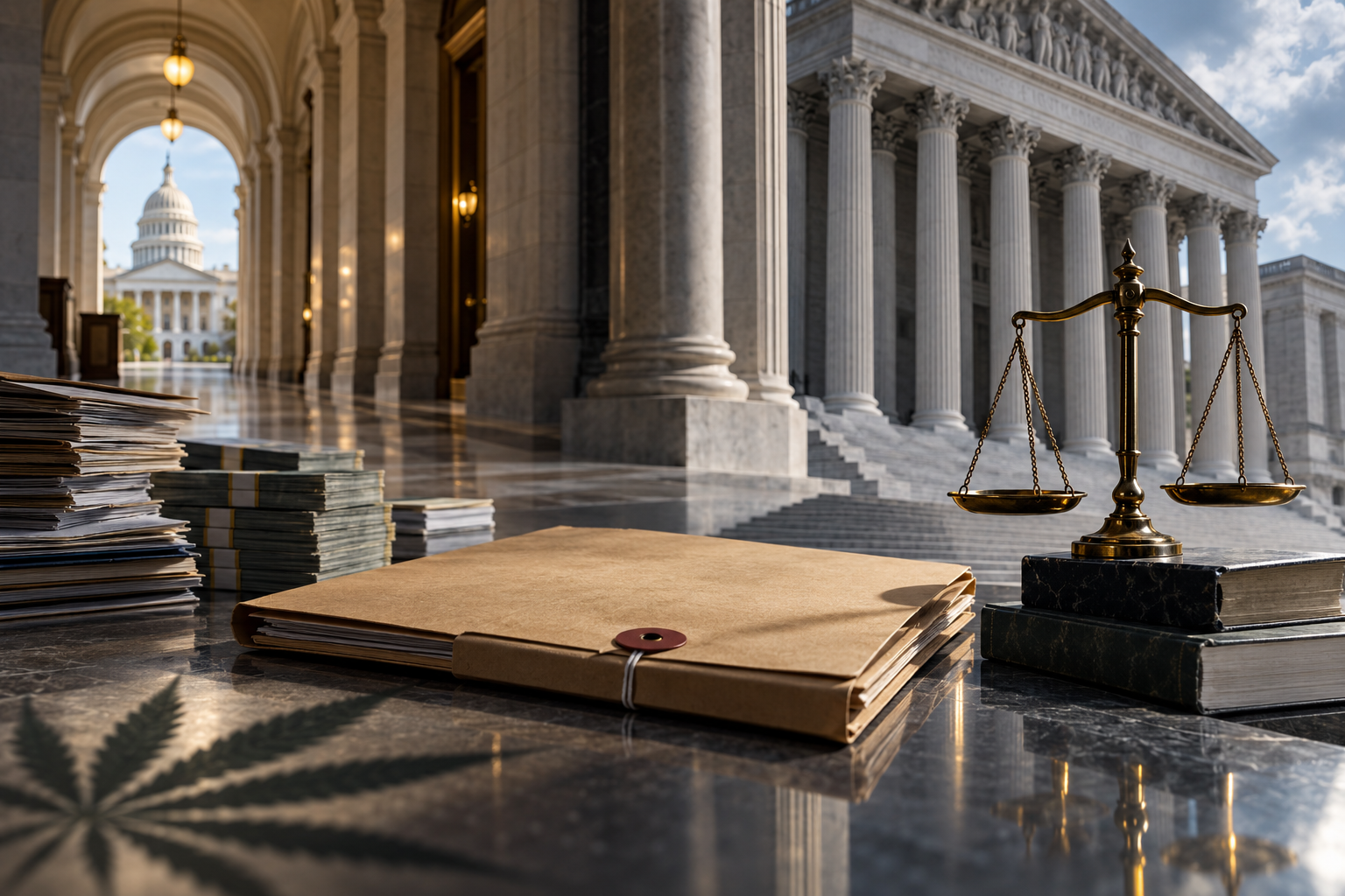 Conceptual editorial illustration of an unmarked indictment file, financial records and justice scales between a capitol corridor and courthouse