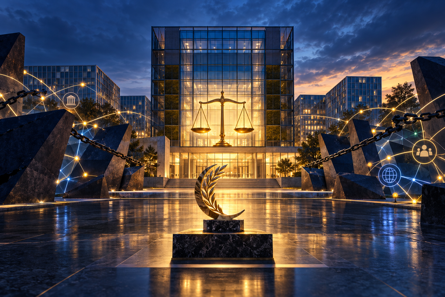 Conceptual editorial illustration of an international courthouse, illuminated justice scales and global connections blocked by dark barriers