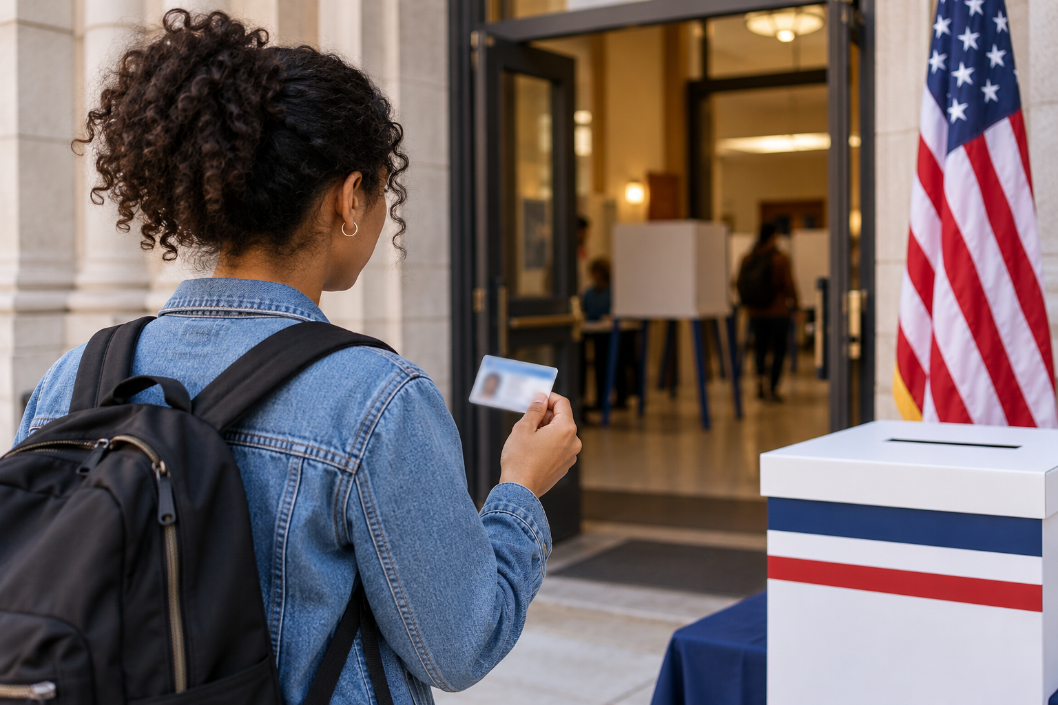 Illustrative view of a college-age voter holding a blurred student identification card outside an American polling place