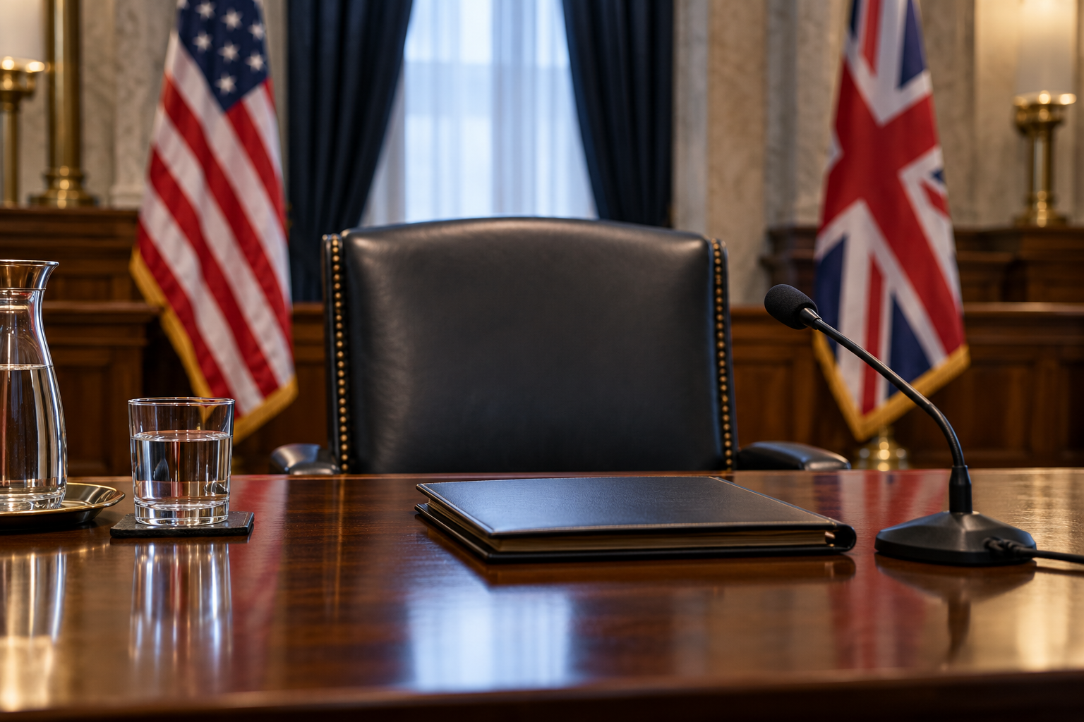 Illustrative empty deposition chair, legal folder and microphone with United States and United Kingdom flags in the background