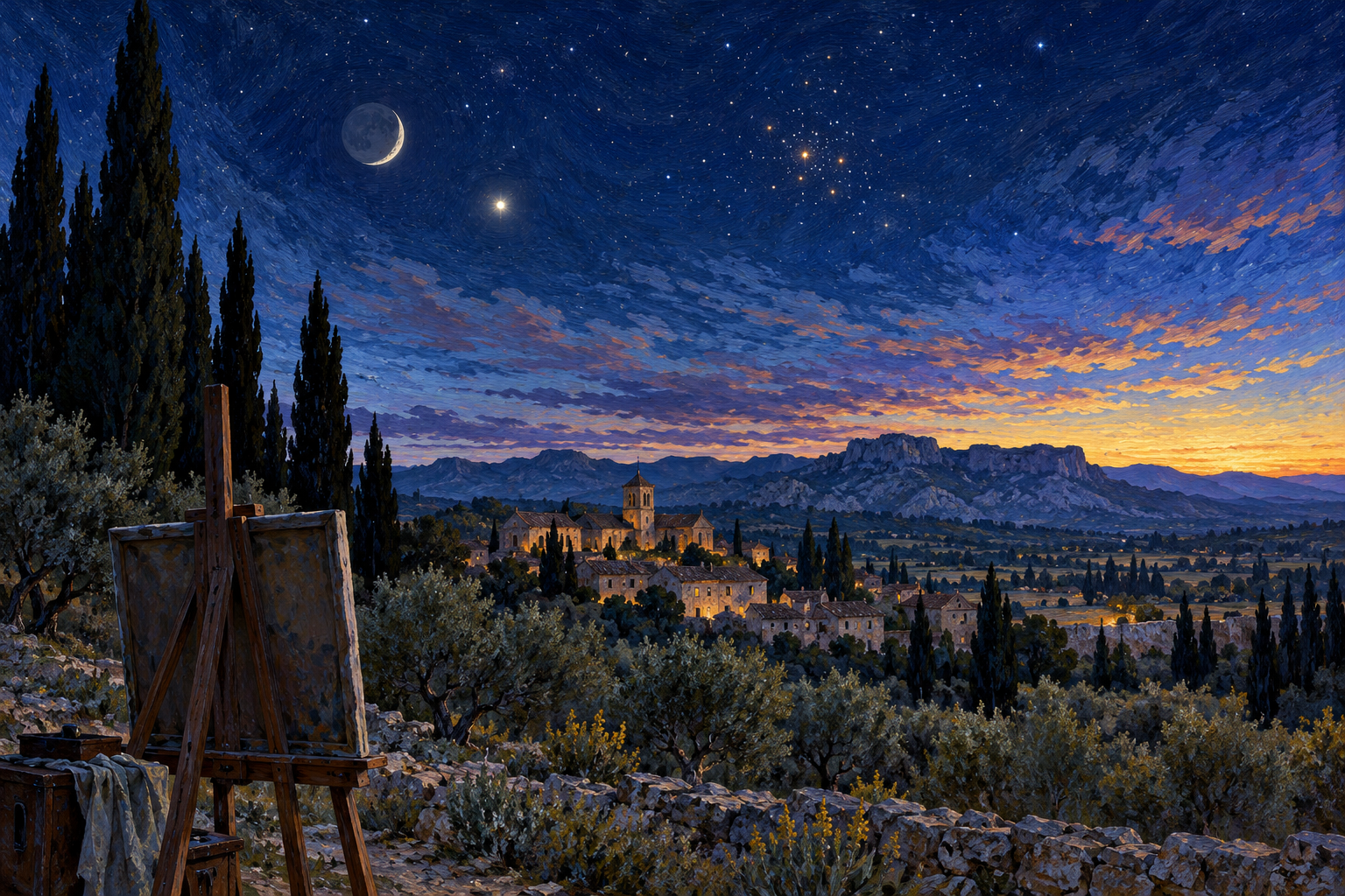 Illustrative predawn sky over Saint-Remy with a crescent moon, Venus, the Hyades cluster and an easel in the foreground