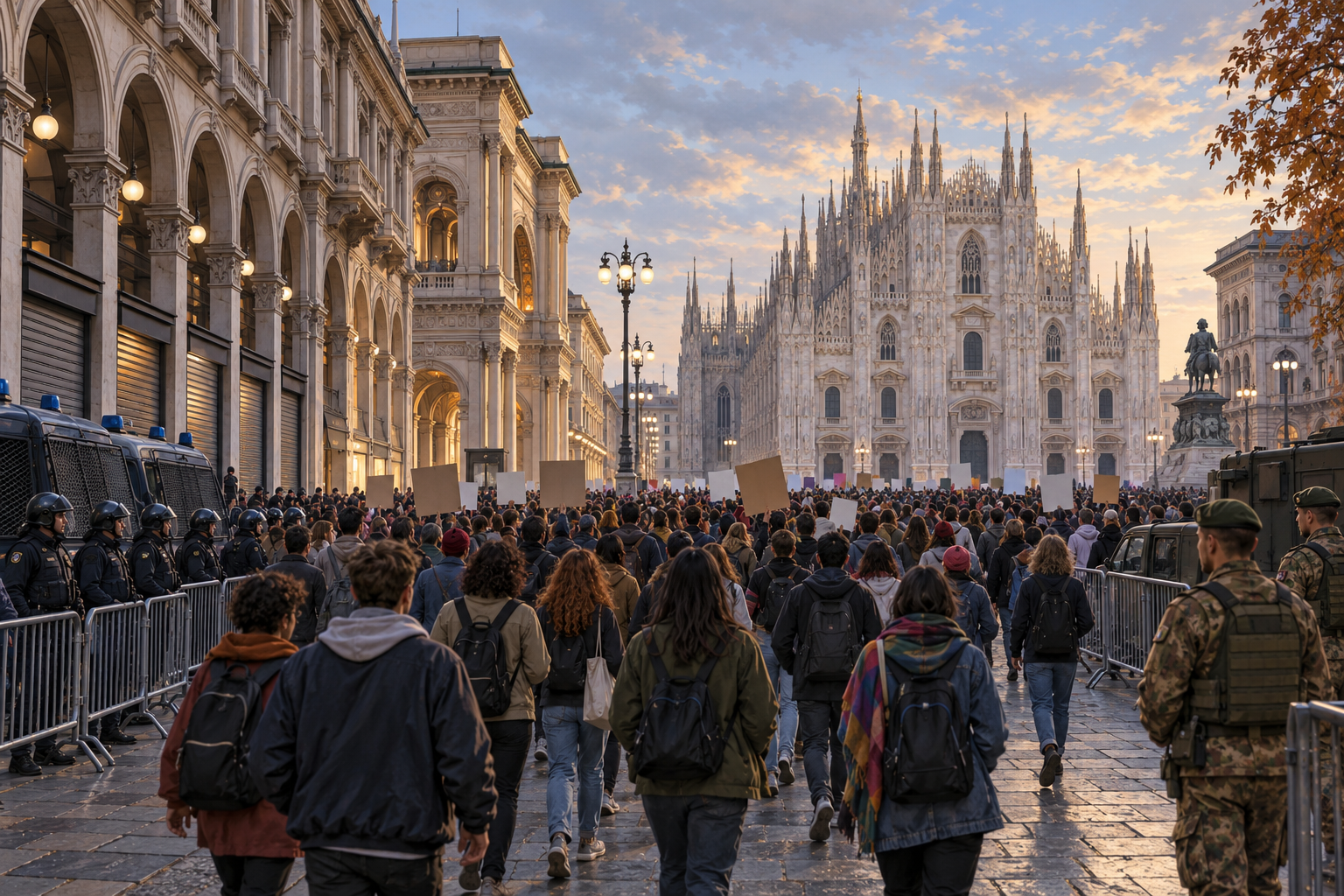 Editorial illustration of a large peaceful youth march in central Milan with police and soldiers positioned behind barriers at the edges