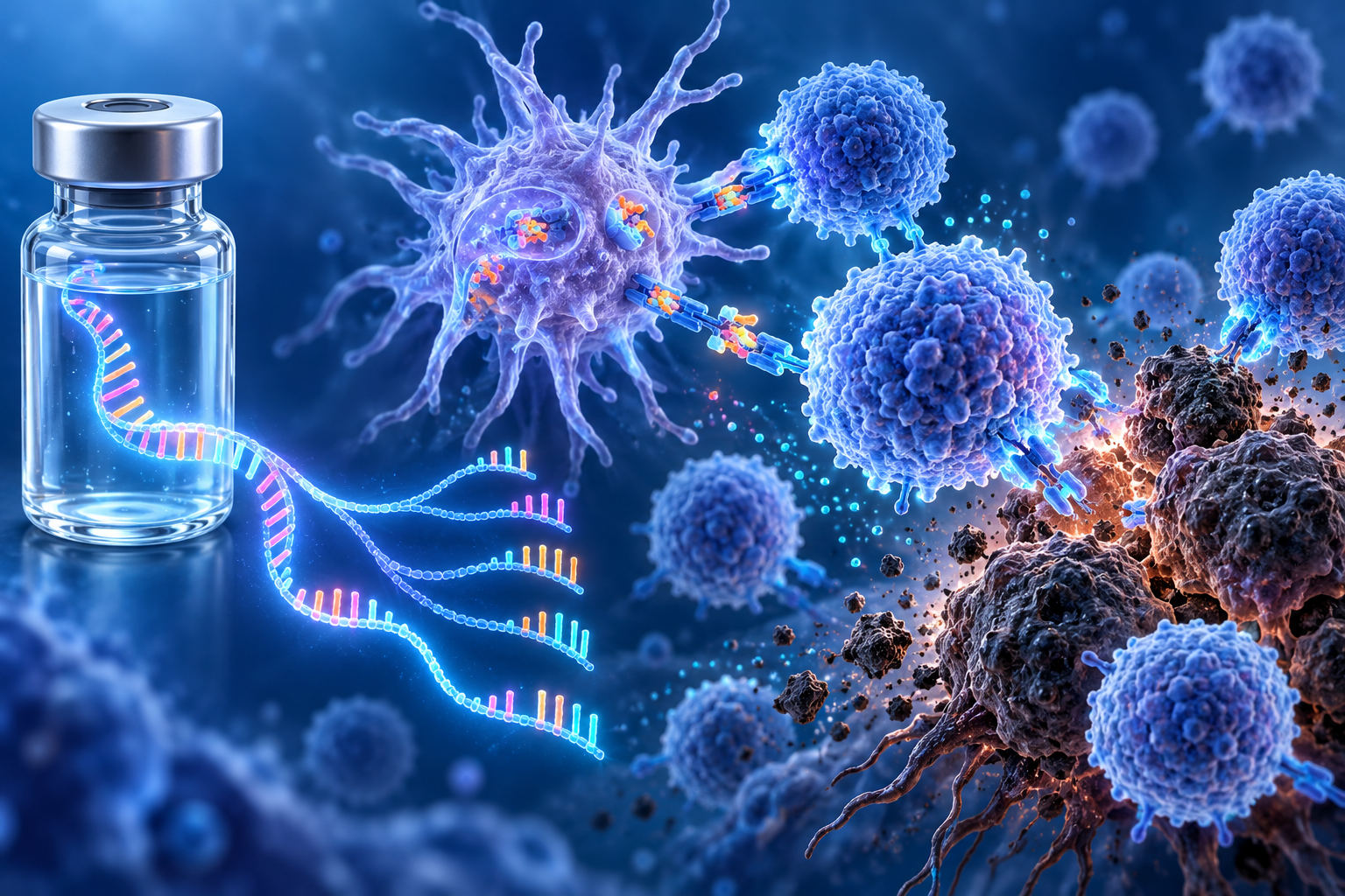 Conceptual medical illustration of personalized mRNA instructions helping immune cells target a cluster of melanoma cells