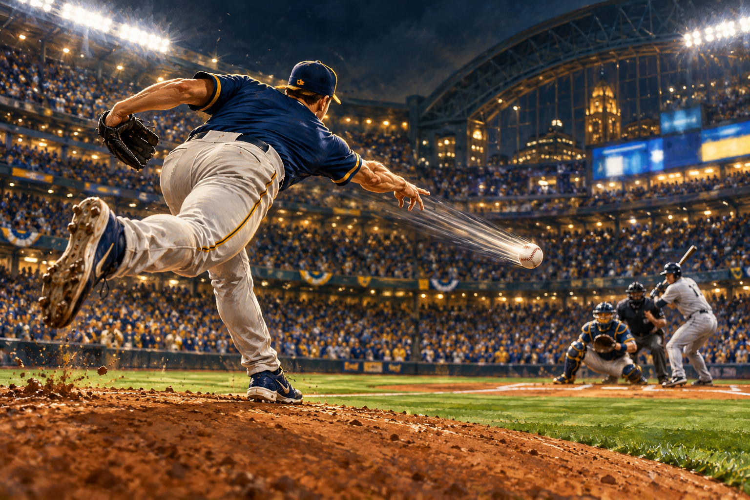 Dynamic editorial illustration of a generic blue-and-gold pitcher firing a fastball in a packed championship baseball stadium