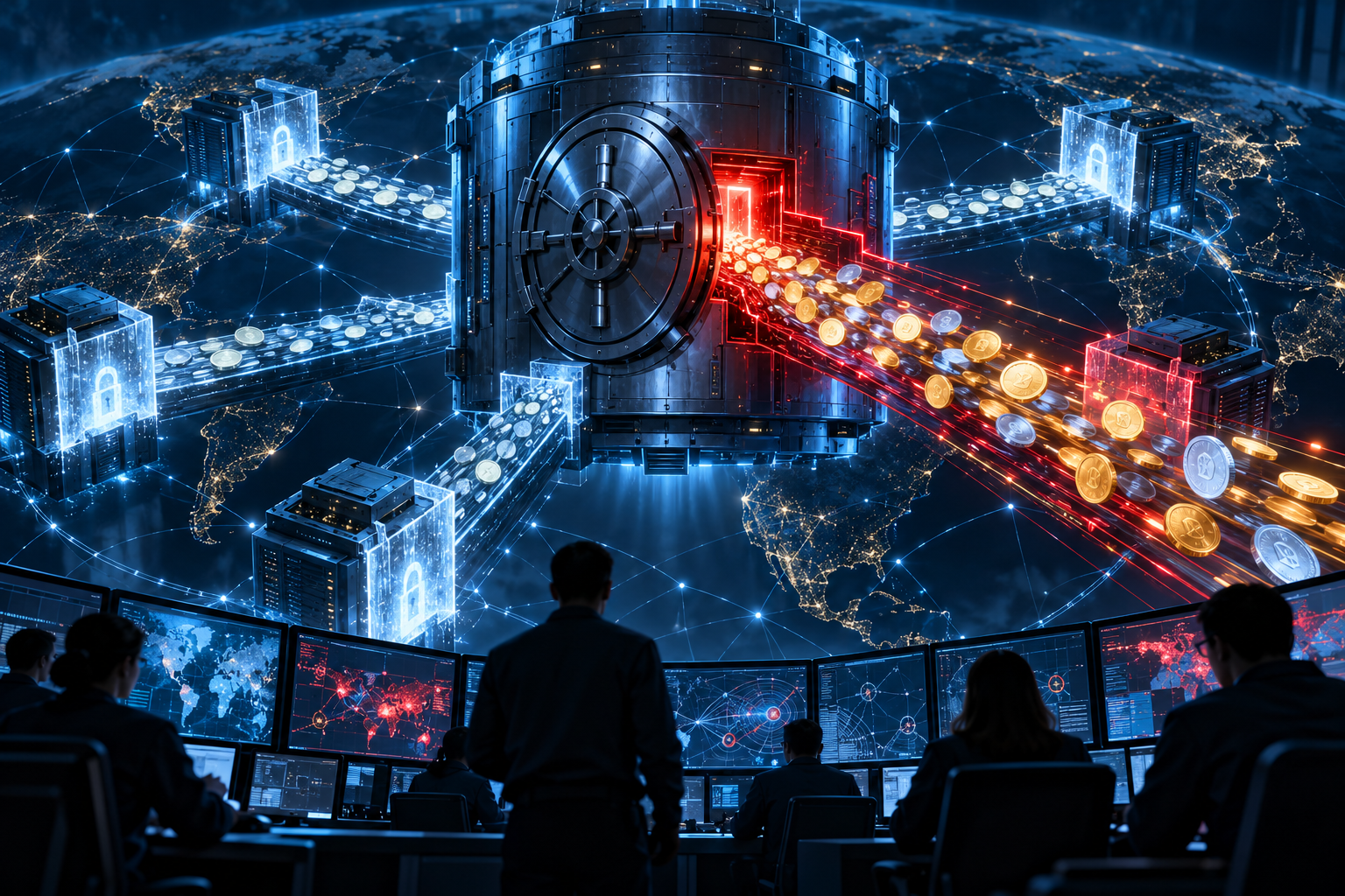 Editorial illustration of a breached digital vault releasing streams of abstract assets across a global blockchain network