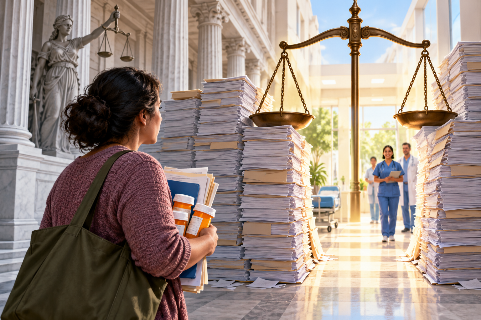 Editorial illustration of a patient carrying medicine and medical records between courthouse paperwork and a hospital care pathway