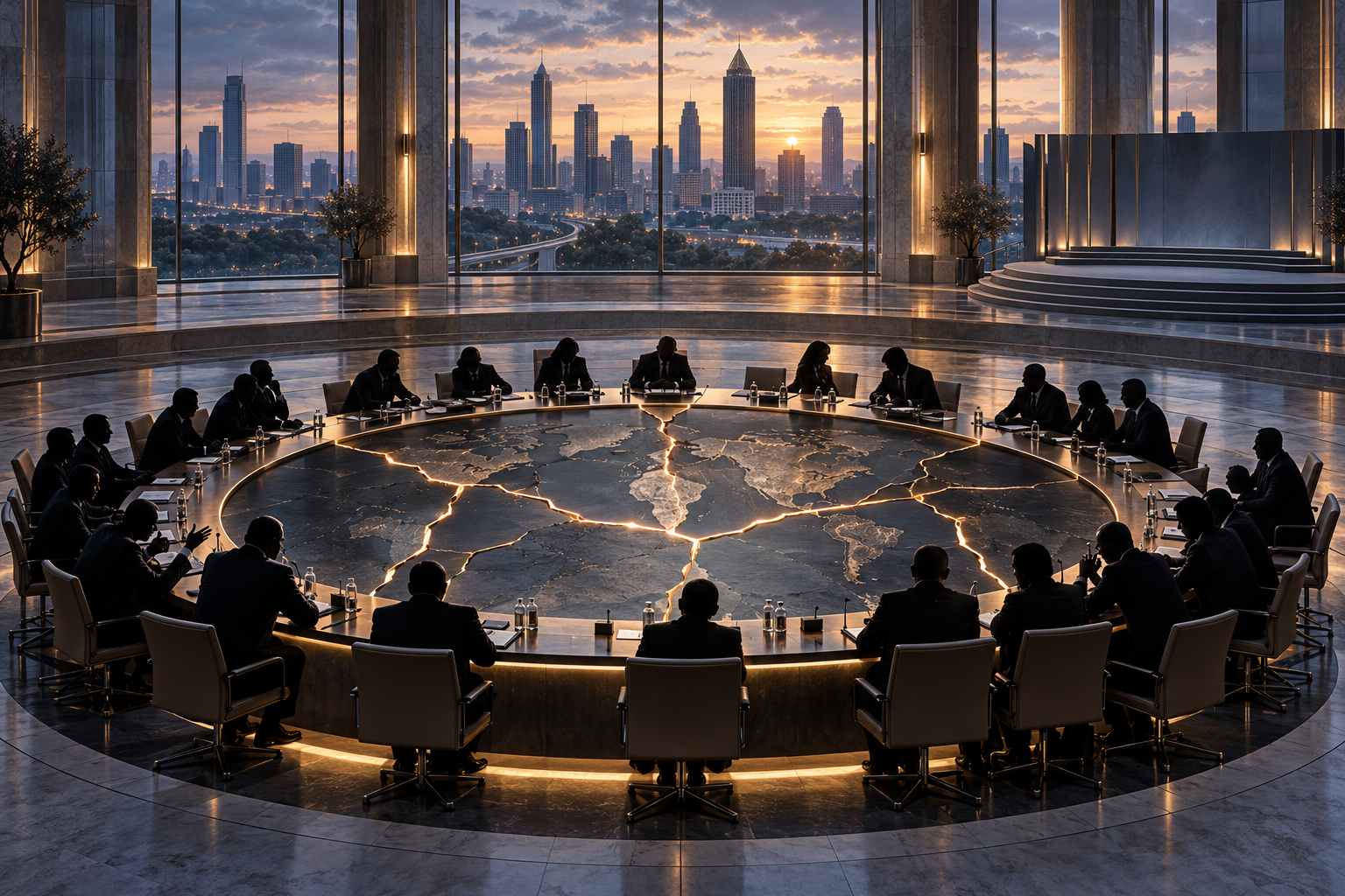 Editorial illustration of divided diplomats around a fractured circular world table in an Atlanta conference hall